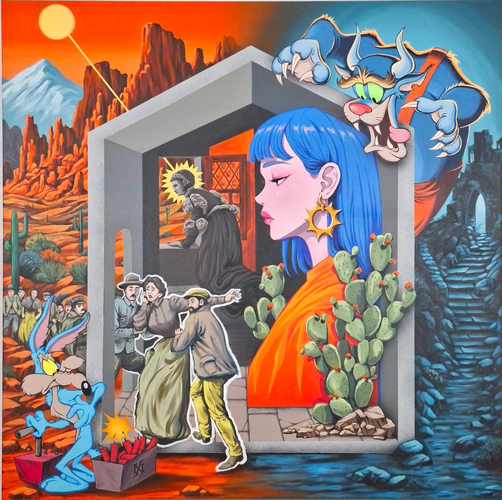 Umbral
Técnica: Acrilico sobre lienzo
Medidas: 150x150cm
Año: 2025
Descripción: Esta obra presenta el hogar como una estructura simbolica donde reside la calma enfrente el caos del exterior. La introspección y observación del mundo con una falsa seguridad a los factores externos peligrosos que facilmente pueden ser internos.